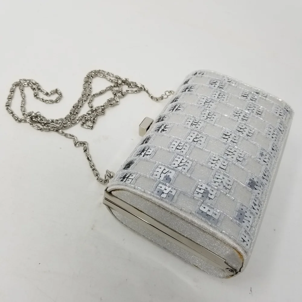Evening Hand Bag Clutch Purse Beaded Sequin Silver Tone Frame Chain Boxy Vintage